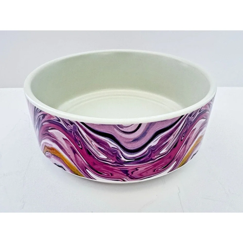WHISKER CITY Marbled Purple and Yellow Ceramic Cat Dish Bowl 4.5